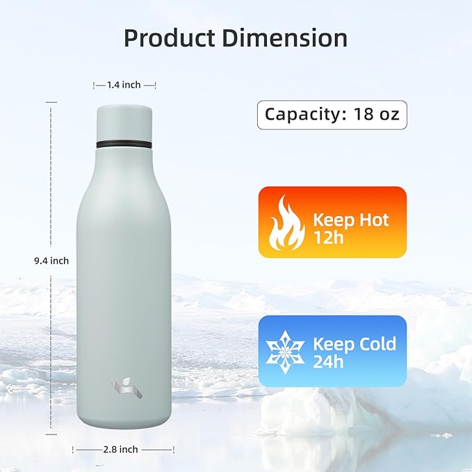 Insulated Water Bottle with Strap,18 oz Double Wall Stainless Steel Vacuum Bottles Metal Water Flask,Foggy Blue