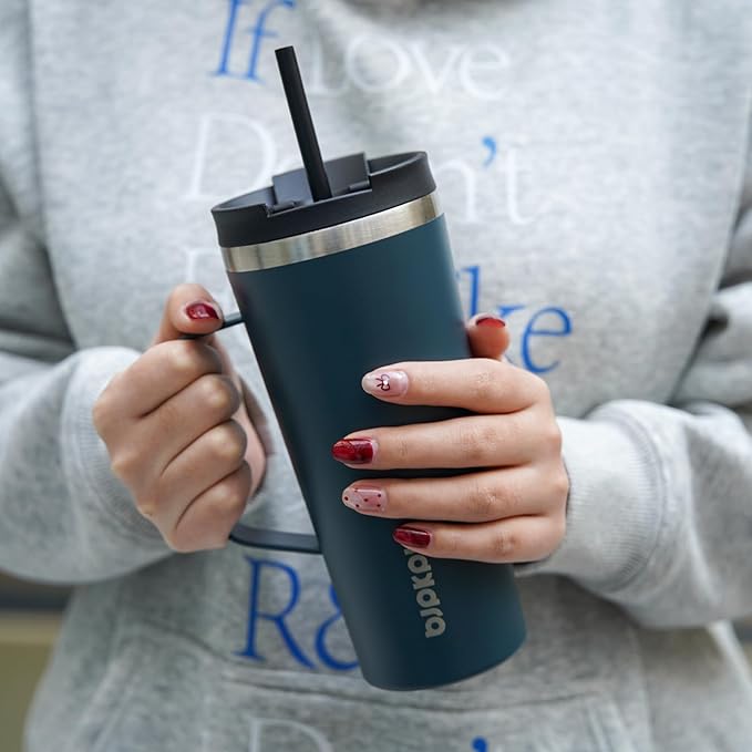 BJPKPK Insulated Tumbler with Handle, 18oz Insulated Tumblers with Lid and Straw, Stainless Steel Metal Water Bottles, Coffee Travel Mugs, Cups, Navy Blue