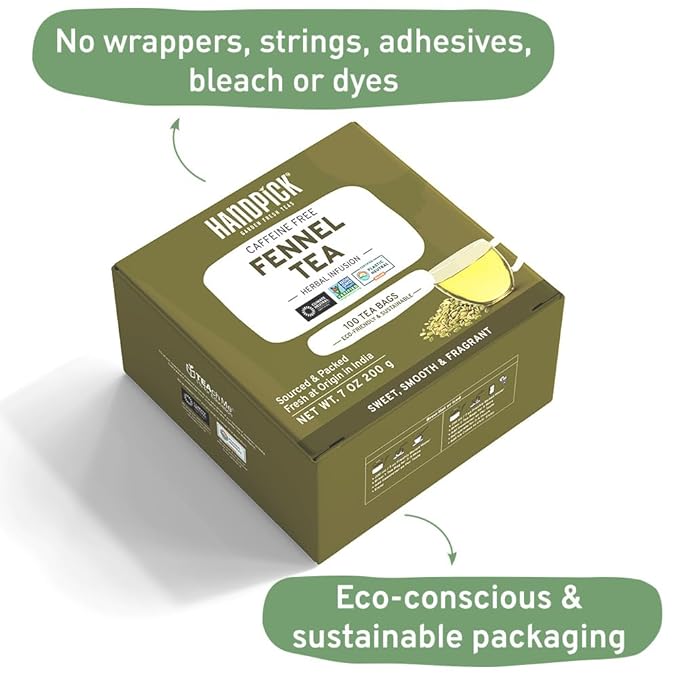 HANDPICK, Fennel Tea Bags (100 Herbal Tea Bags) Caffeine Free, Gluten Free & Non GMO | Round Eco Conscious Teabags | Smooth & Sweet