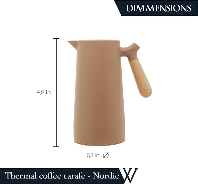 WOLFF - Thermal Coffee Carafe – 34oz/1L Insulated Food-Safe Plastic Exterior and Glass Liner, Wood-Style Handle – Keeps Drinks Hot or Cold for Hours, Coffee and Tea Dispenser - Nude Pink, 34floz/1L