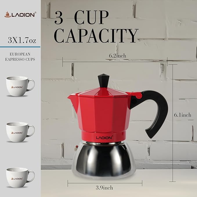 Stovetop Espresso Maker, 3Cup Moka Pot, Espresso Machine Compatible with Induction Cooktops, 150ml Stainless Steel & Aluminum Cuban Coffee Maker for Cafetera Cubana, Red