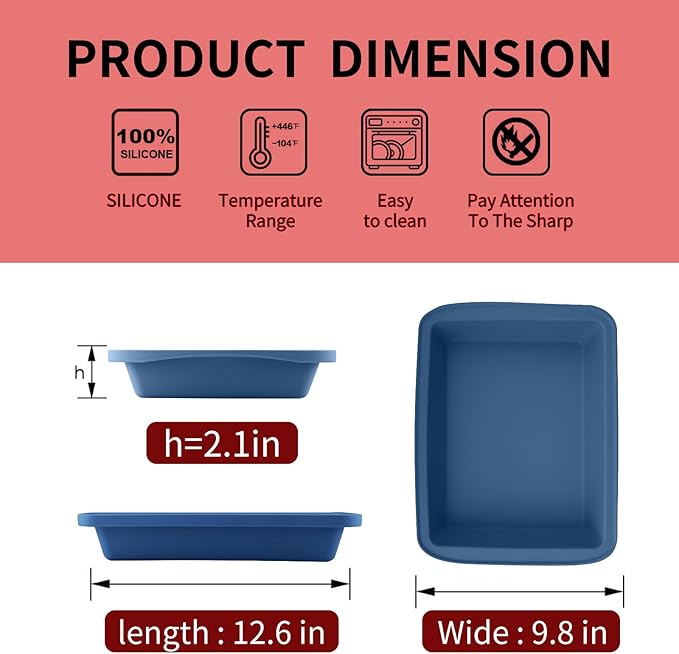 Sunsetbaby Silicone Bakeware Cake Pan, Rectangular Baking Dish with Handles, Compatible with Fancy Panz, for Lasagna, Cake, Brownie or Family Dinner, 12.6 x 9.8 x 2.1 Inch (2 Pack, Blue)