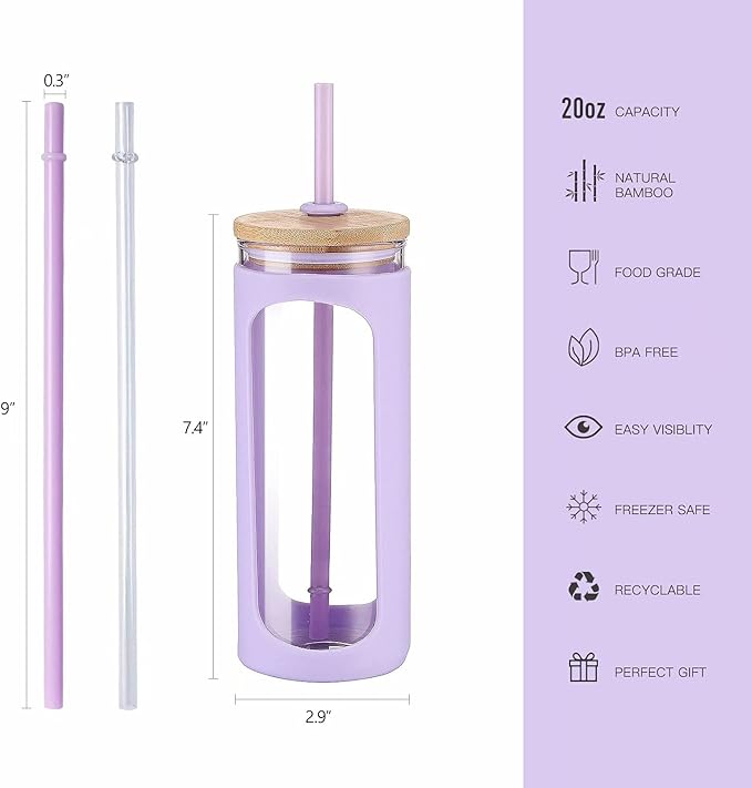 Kodrine 20oz Glass Tumbler with Straw and Lid, Bamboo Lids Water Bottle, Reusable Iced Coffee Cups, Wide Mouth Smoothie Cup with Protective Silicone Sleeve BPA FREE-Purple-2pack