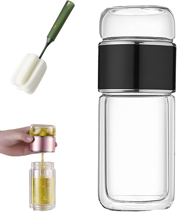 QUROXO 2025 New Tryteava Glass Infuser, Teava 3-In-1 Smart Tea Infuser with Cup Brush, Double-Layer Borosilicate Glass Tryteava Tea infusers Separation Cup (Black, 420ml (14oz))