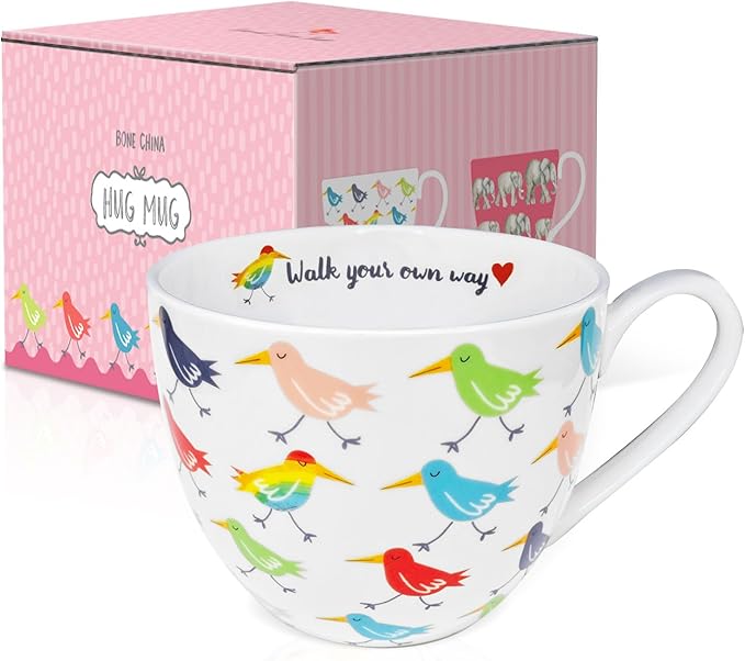 Birds Mugs for Daily Coffee and Tea, Premium 20 oz Bone China Coffee Tea Hug Mug, Perfect Holiday and Birthday Gift for Bird Lovers, Designed in England by Harvest Green Studio