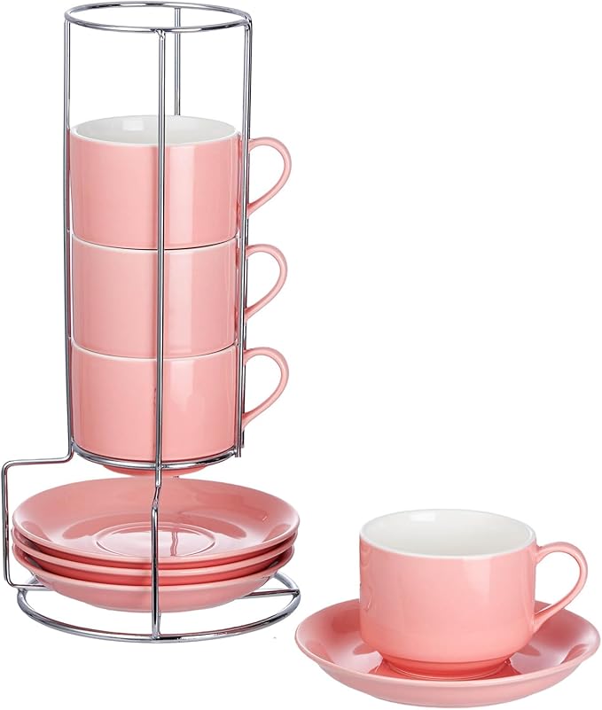 8 Ounce Porcelain Cappuccino Cups with Saucers and Silver Stand, Pink Cups Set of 4