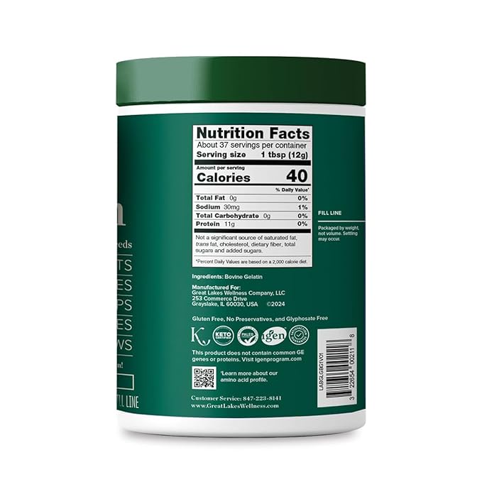Great Lakes Wellness Beef Gelatin Powder for Culinary Needs - Perfect for Gummies, Marshmallows, Desserts and more - Unflavored - Grass-Fed, Kosher, Keto, Non-GMO 16 oz