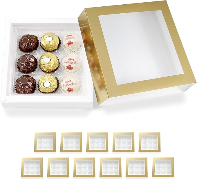 BAKIPACK 12 Truffle Boxes, Chocolates Box, Gold Truffle Gift Packaging with 9-Piece Plastics Tray
