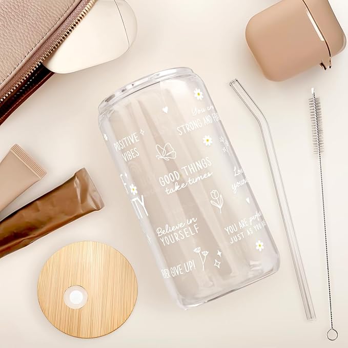 SANDJEST Inspiration Glass Can, Positive Motivational Cup with Lid & Straw, Iced Coffee Aesthetic Cups, Gift for Christmas Birthday Mother Day, Gifts for Women, 16oz