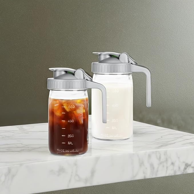 Creamer Pitcher Jar with Lid - 2 Pack No Leak 32oz Airtight Mason Jar with Pour Spout Lid, Classic Wide Mouth Jug Easy to Clean, Ideal for Coffee, Breastmilk, Iced & Sun Tea, Juices