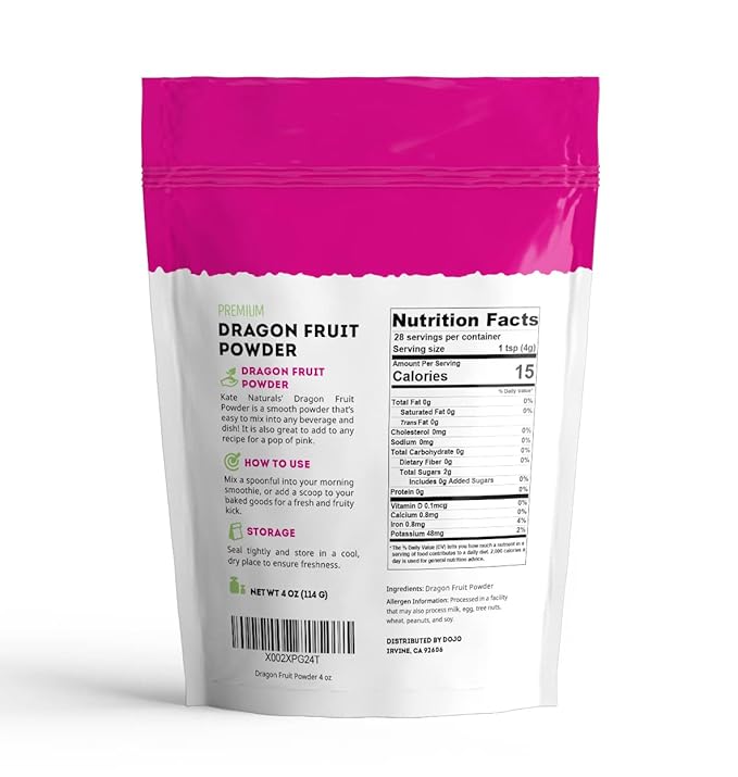 Kate Naturals Dragon Fruit Powder for Baking & Drinks (4oz). Vegan, Gluten Free Dried Pink Pitaya Powder for Dragonfruit Syrup, Smoothies & Food Coloring