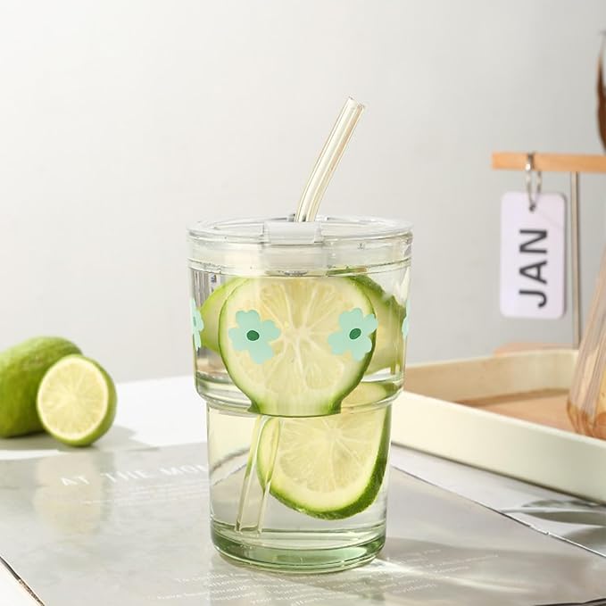 Iced Coffee Cup, 15Oz/450ml Glass Cups With Lids And Straws, Iced Coffee Glasses Tumbler, Thick Wall Glass Mug For Tea Water With 2 Straw, Coffee Tumbler Gifts