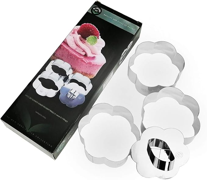 NEWLINE NY Stainless Steel Dessert Rings (4 Pcs) Flower Shape Molded Appetizers Salads Pastries Mousse Molding Layering Cutter