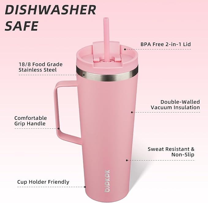 BJPKPK Insulated Tumbler with Handle, 26oz Insulated Tumblers with Lid and Straw, Stainless Steel Metal Water Bottles, Coffee Travel Mugs, Cups, Light Pink