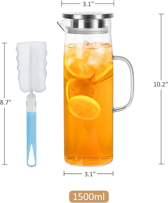 Joeyan 1.5 Liter 51oz Glass Pitcher with Lid, Fridge Door Glass Water Jug, Easy Clean Heat Resistant Water Carafe for Hot and Cold Beverages,Coffee, Iced Tea & Juice, Including Long-Handled Brush