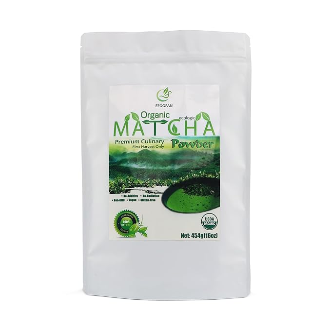 EFOOFAN USDA Organic Matcha Green Tea Powder - Premium Culinary Grade (1lb/16oz) - Rich Tencha Flavor, Antioxidant Polyphenols, Non-GMO, Gluten Free, Naturally Caffeined, Additives Free