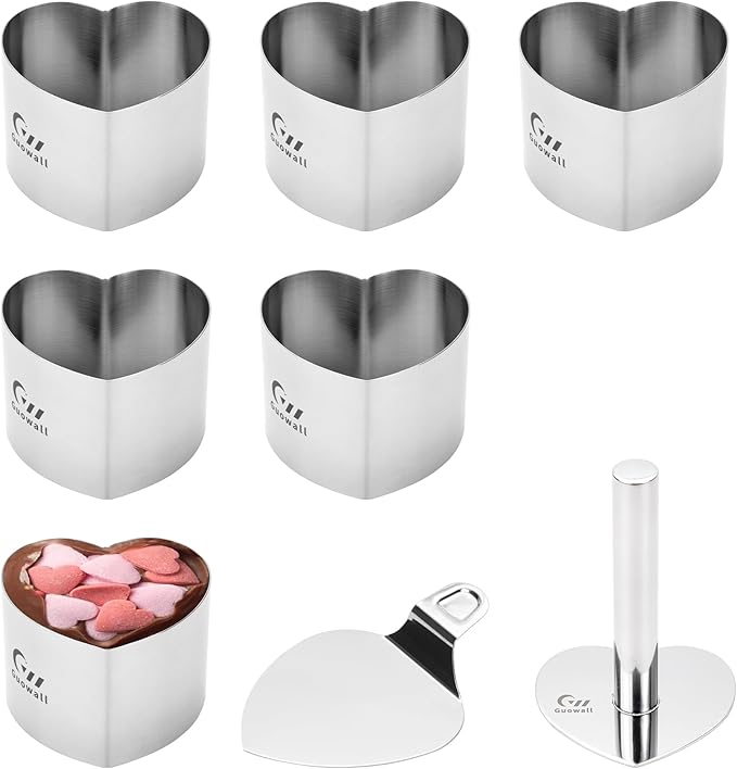 Guowall Heart Shaped Seamless Cake Ring, 3 inch Mousse Mold for Baking, Nonstick Stainless Steel Heart Dessert Mould Set, Includes 1 lifter, 1 pusher and 6 rings
