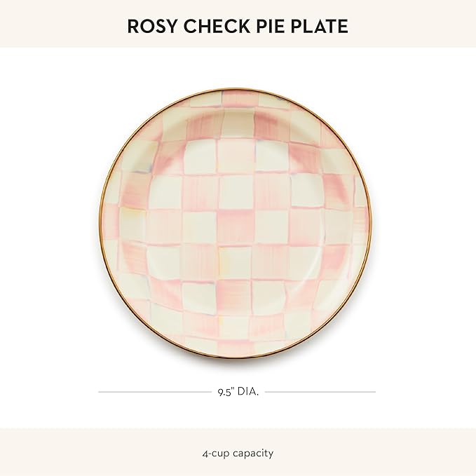MACKENZIE-CHILDS Enamel Pie Plate, Ovenproof Pie Pan for Cooking and Serving, Pink-and-White Rosy Check