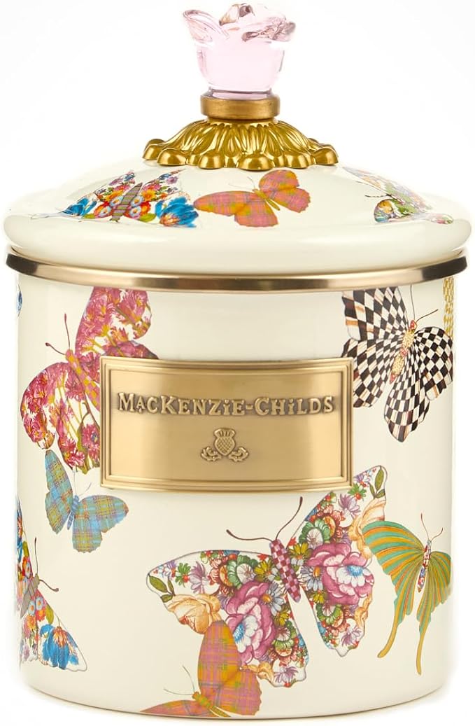 MACKENZIE-CHILDS Butterfly Garden Enamel Canister, Pretty Kitchen Storage Container with Lid, Small