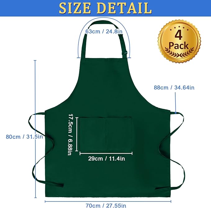 4 Pack Chef Apron, Adjustable Apron with 2 Pockets, Unisex Personalised Apron for Cooking, Kitchen, Restaurant