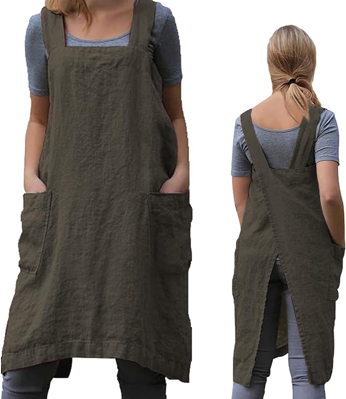 ZQFFB Pinafore Cross Back Apron for Women with Pockets Japanese Smock for Work Gardening Cooking Painting Baking