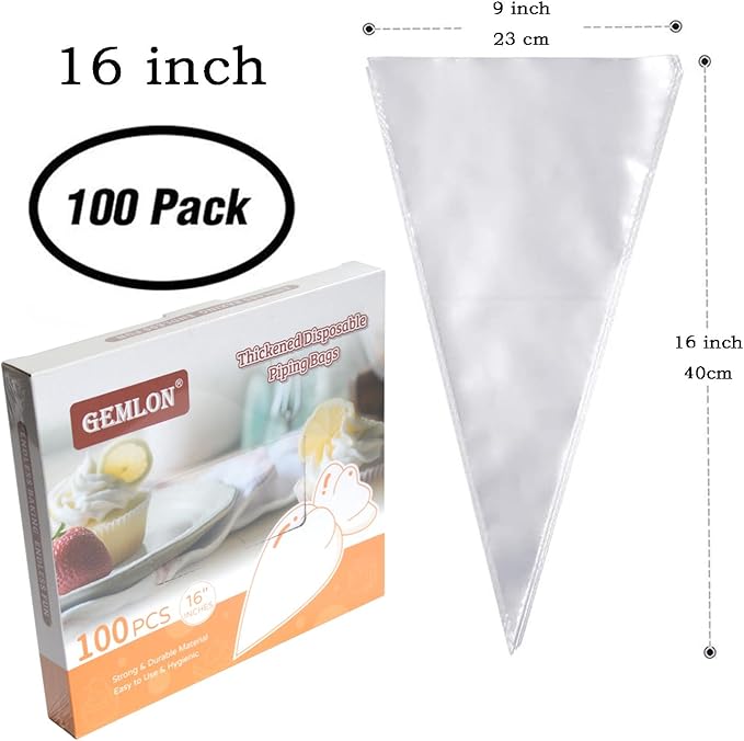 GEMLON 16 Inch Disposable Piping Bags with Pull-Out Dispenser Box - 100 Pack Large Pastry Bags for Cake Decorating, Anti-Burst Plastic Icing Bags for Frosting, Chocolate, Cookie Decorating Supplies