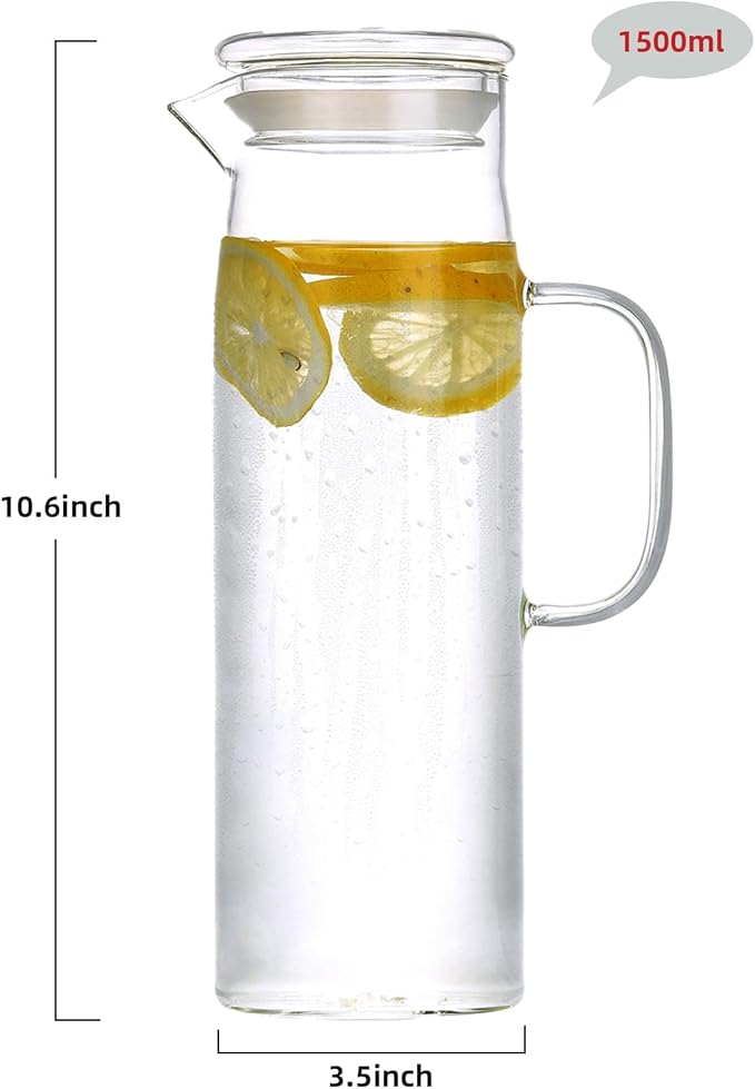 hjn Glass Pitcher with Lid Glass Water Carafe with Handle, Fridge Water Jug Cold or Hot Beverages, Iced Tea, Milk, Juice 1500ml/51oz & glass lid