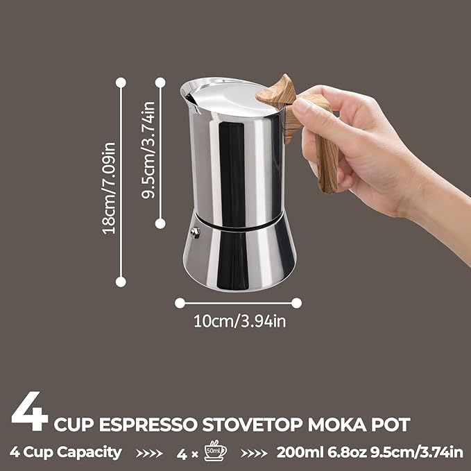 Uncoated 4 Cup Moka Pot 304 Thickened Stainless Steel Coffee Maker Stovetop Espresso Coffeemaker Italian Classic Style Brewing Greca Cafe Mocha Machine for Cafeteras Camping Travel Home 200ml 6.6oz