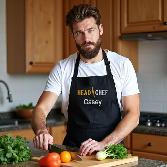 Personalized Chef Apron for Men, Custom Embroidered Design, Professional Kitchen Cooking BBQ Grilling for Dad, Decorated in USA