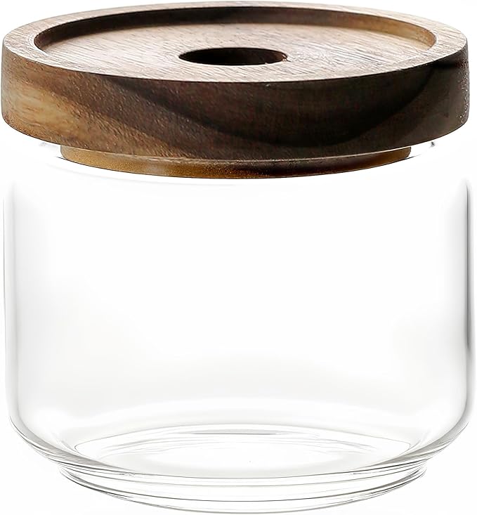 300ML/10Oz Clear Cute Glass Storage Canister Holder with Stackable Airtight Wood Lid, Modern Decorative Small Container Jar for Coffee, Spice, Candy, Salt, Cookie, Condiment, Pepper, Sugar