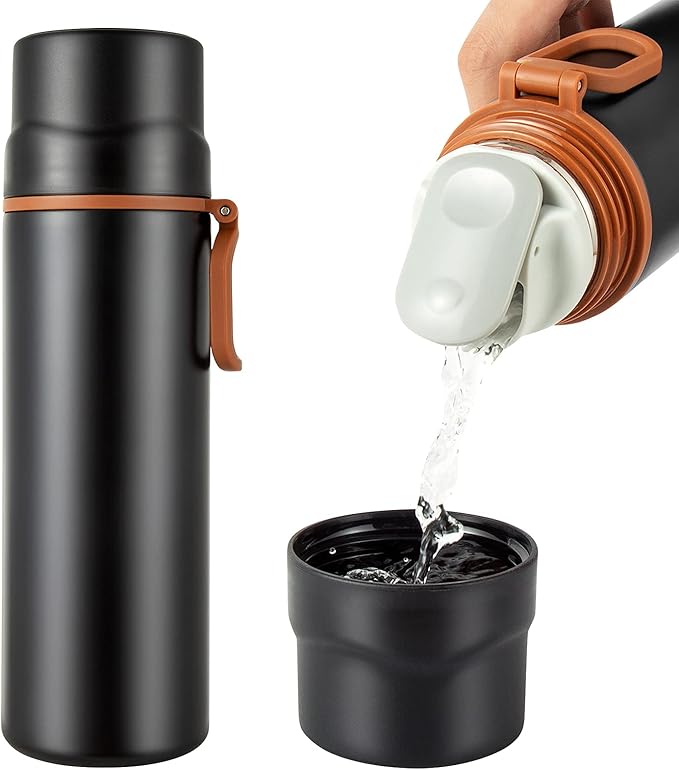 Insulated Water Bottle-Stainless Steel Vacuum Coffee Cup with Handle,Flask Double Walled Sport Travel Mug with Leakproof Lid,Keep Hot & Cold 12 Hours BPA Free 15oz(Black)
