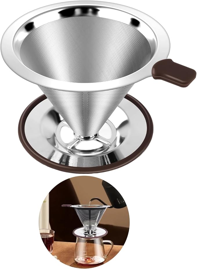 Reusable Paperless Coffee Filter V60,Coffee Dripper,Professional Stainless Steel Drip Cone Brew Coffee Strainer,Double Micro Mesh Filter,Coffee Filter Mug,Silicone Handle & Non-Slip Silicone Base (L)