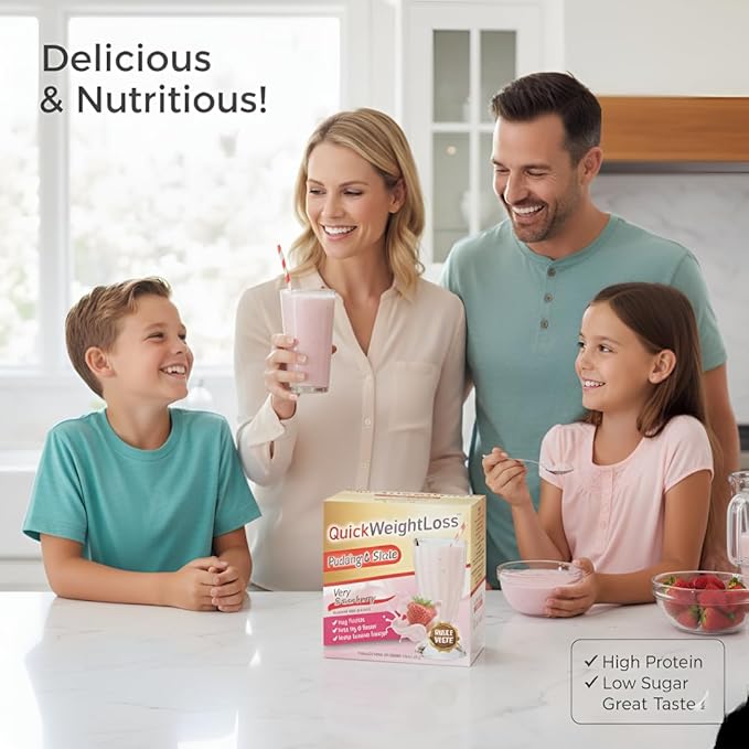 QuickWeightLoss Very Strawberry Pudding & Shake Mix - High Protein Shake - Low Calorie - Low Fat - Low Carb - Gluten Free, Aspartame Free - 15g Protein (7ct) / Box