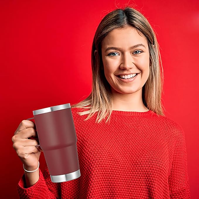 VEGOND 20 oz Tumbler Bulk with Handle Lid and Straw, Stainless Steel Insulated Travel Coffee Mug Set, Spill Proof Double Wall Metal Tumblers Cups, Wine Red 6 Pack