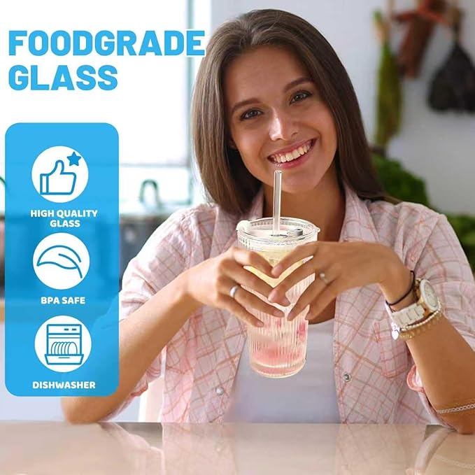 20 oz Glass Tumbler with Lid and Straw, Clear Ribbed Iced Coffee Cup, High Borosilicate Glass Tumbler, Reusable Vintage Glassware for Iced Coffee, Smoothies, Cocktails, and Juices