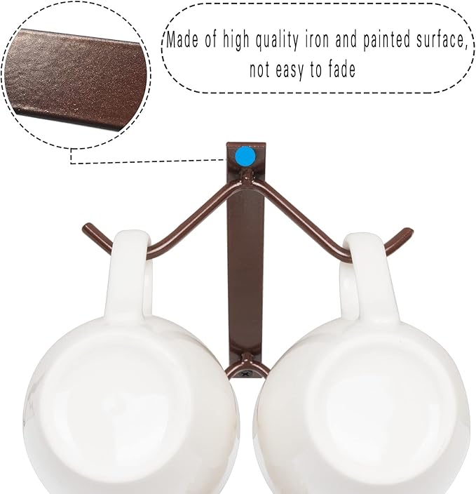 Cabinet Hook Mug Holder - Hanging Coffee Cup Rack for Kitchen, Under Cabinets Metal Hangers Organizer Shelf Storage Utensil (Brown)