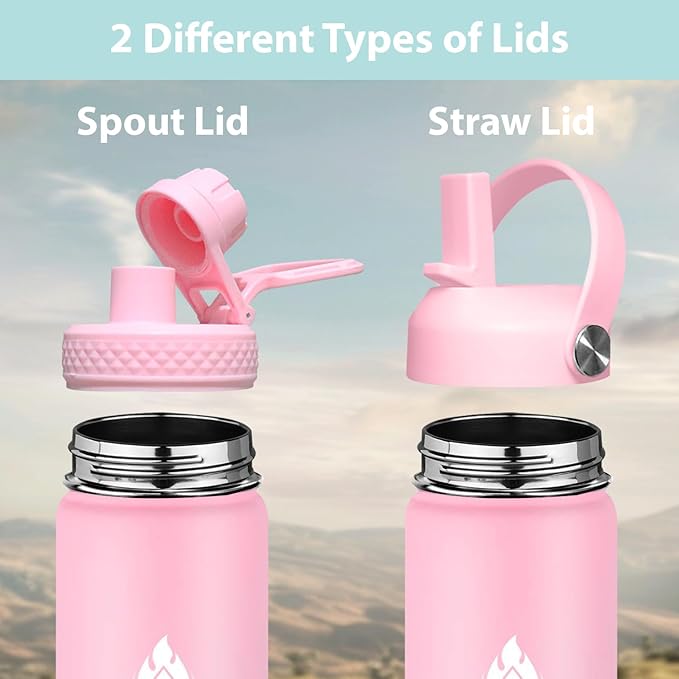 SENDESTAR Stainless Steel Wide Mouth Water Bottle 24oz Double Wall Vacuum Insulated Leak Proof Bottle with New Flex Straw Lid & Spout Lid XIN-PH-0750-1