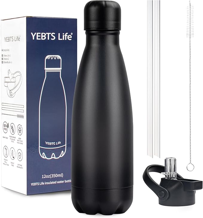 Insulated Water Bottle, 12oz Stainless Steel Water Bottles with straw lid, Metal Sports Water Bottles for Boys,Girls, Double Wall Vacuum BPA-Free Flask for School, Sports & Travel-Black