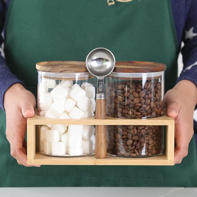 KKC HOME ACCENTS Clear Borosilicate Glass Glass Storage Jars with Airtight Wood Lids,Air Tight Sealed Wooden Top Glass Jars with Spoon for Coffee,Tea,Sugar, 25 OZ (750 ml)