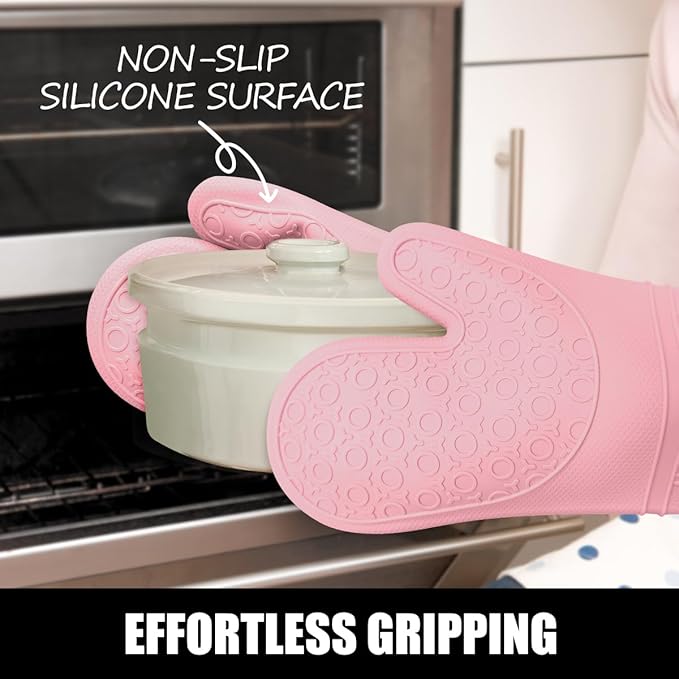 Rorecay 6pcs Oven Mitts and Pot Holders Sets for Kitchen, Extra Long Non-Slip Silicone Oven Gloves Heat Resistant 500 Degrees Potholders Hot Pads for Baking Cooking, Quilted Liner, Pink