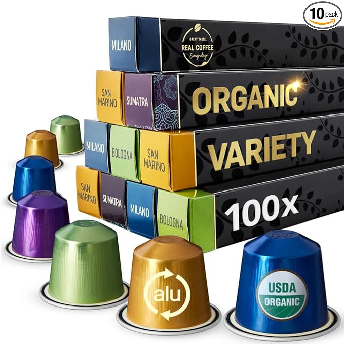 Organic Espresso Variety Pack for Nespresso | 100 Organic Aluminum Capsules | 3 Strong Italian Espressos + 1 Smooth Lungo | 100% Nespresso Compatible Pods | Fairtrade |