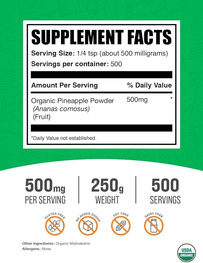 BulkSupplements.com Organic Pineapple Powder - Pineapple Fruit Powder, for Flavoring & Smoothies - Unsweetened & Gluten Free, 500mg per Serving, 250g (8.8 oz) (Pack of 1)