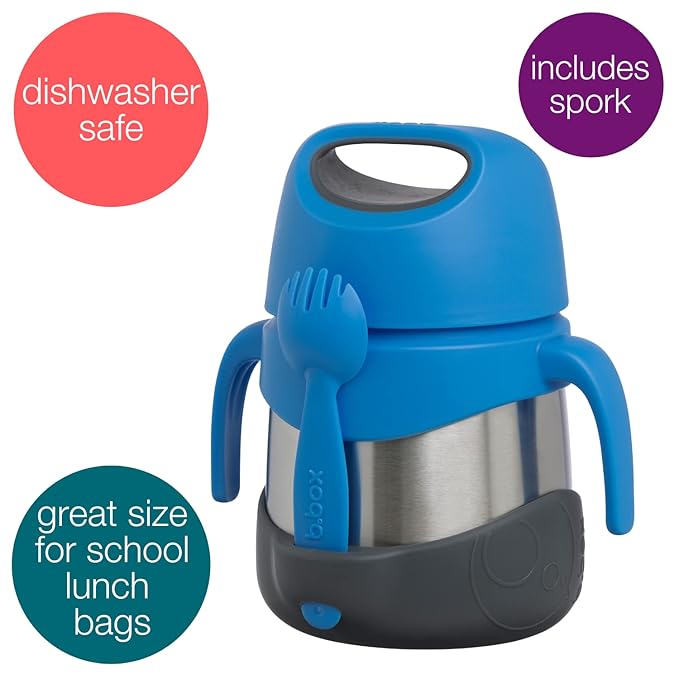 b.box Insulated Food Jar with Spork for Toddlers | Easy Open Container | Stainless Steel, 5hrs + of perfect temperatures | Dishwasher safe, BPA Free (Blue Slate, 11 oz)