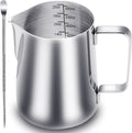 CAMKYDE Milk Frothing Pitcher 20 oz, Stainless Steel Espresso Steaming Pitcher with Decorating Pen for Coffee, Espresso Machines, Cappuccino, Latte Art A Silver