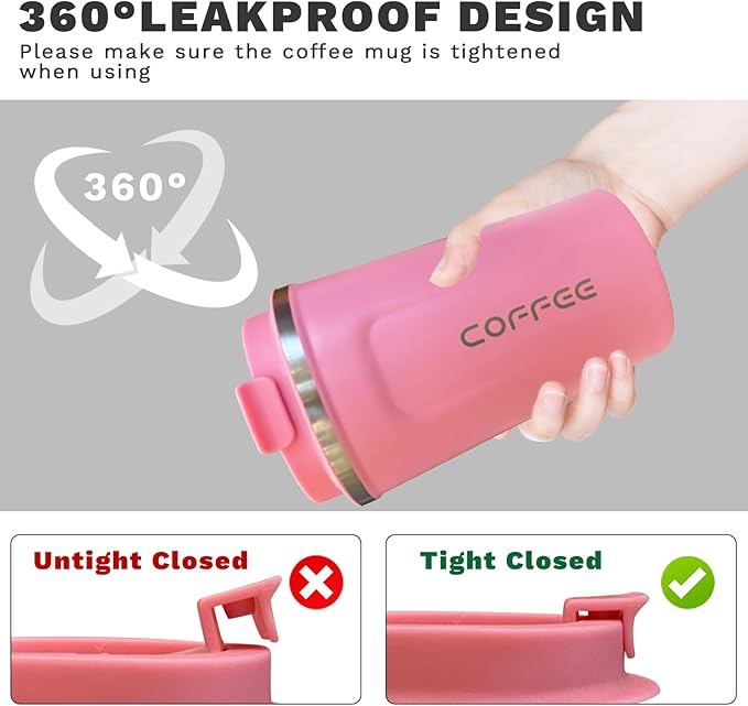 YINBAOGE Insulated Travel Coffee Mug Spill Proof Leak Proof Pobtable To Go Camping Stainless Steel Coffee Tumbler Reusable Coffee Cups with Lids Thermos for Hot and Cold Drink (2nd-Pink, 12 OZ)