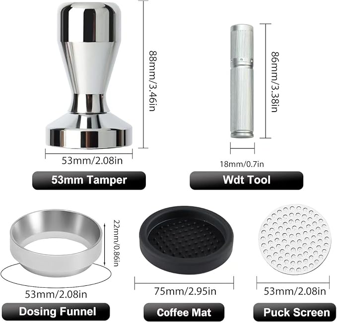 53mm Espresso Accessories Kit,Wdt Tool Espresso,Solid Espresso Tamper,Dosing Funnel and Coffee Puck Screen,Silicone Tamper Mat,0.4mm Stainless Steel 6pin Espresso Stirrer,Barista Tools Espresso Kit