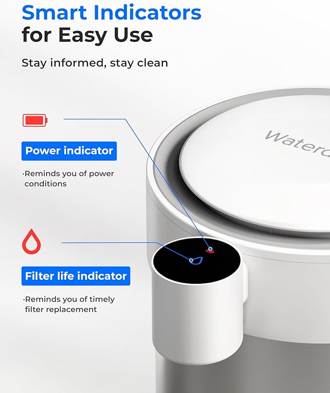Waterdrop Rechargeable Non-Gravity Water Filter System, 5-Stage Stainless Steel Countertop Filtration, Reduce 70+ Contaminants, Includes Lead, Chlorine and Cadmium, 22-Cup Water System, with 1 Filter