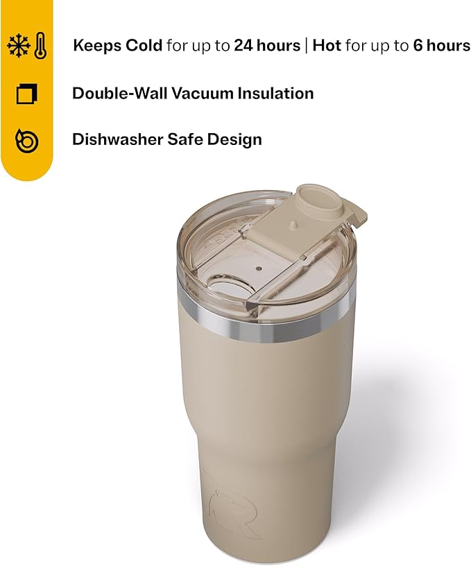 RTIC 20oz Essential Tumbler with Lid, Insulated, Stainless Steel, Metal, Double Wall Vacuum-Insulation, Ceramic Lined, Travel Cup for Iced Coffee, Tea, Hot and Cold Drink, Beach