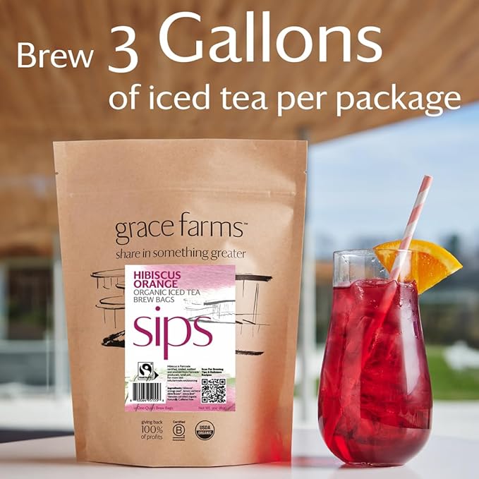 Grace Farms HIBISCUS ORANGE ORGANIC ICED TEA (Twelve 1qt. Brew Bags, 3 Gallons) | Refreshing, Tart and Vibrant, Naturally Sweet Sugar-Free | Easy Cold Brew