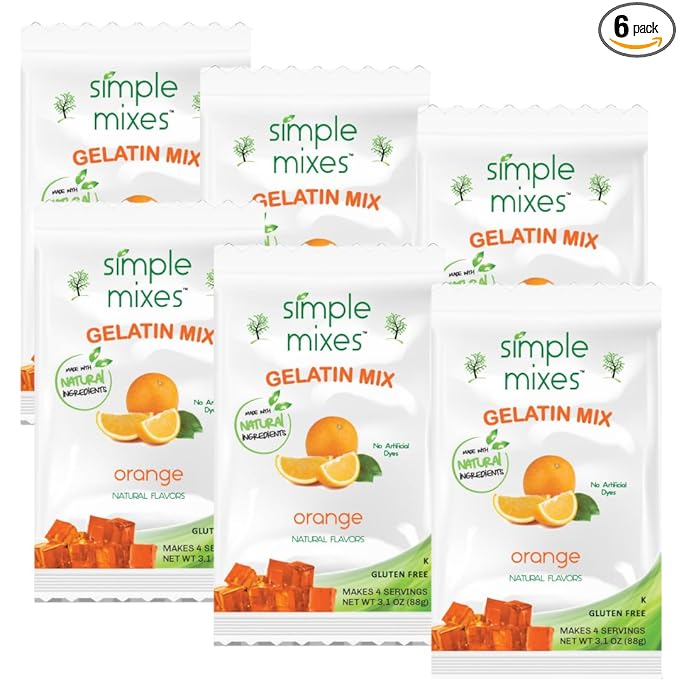 Simple Mixes Natural Gelatin Dessert, Orange, Kosher, 6 Pack of 3.1 oz each
